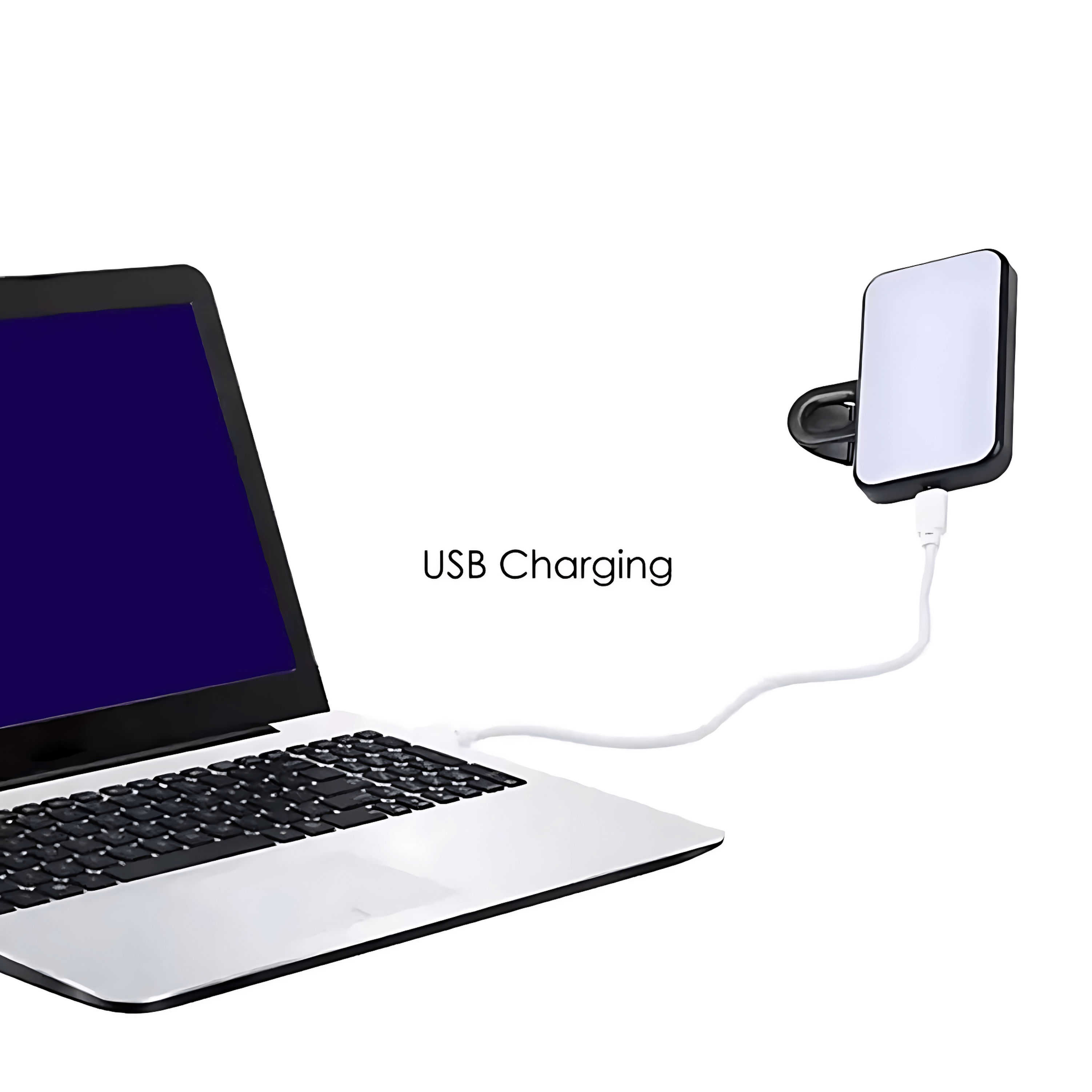 Pocket LED Selfie Light – Clip-On Phone & Laptop Fill Light connected to a laptop via USB charging.