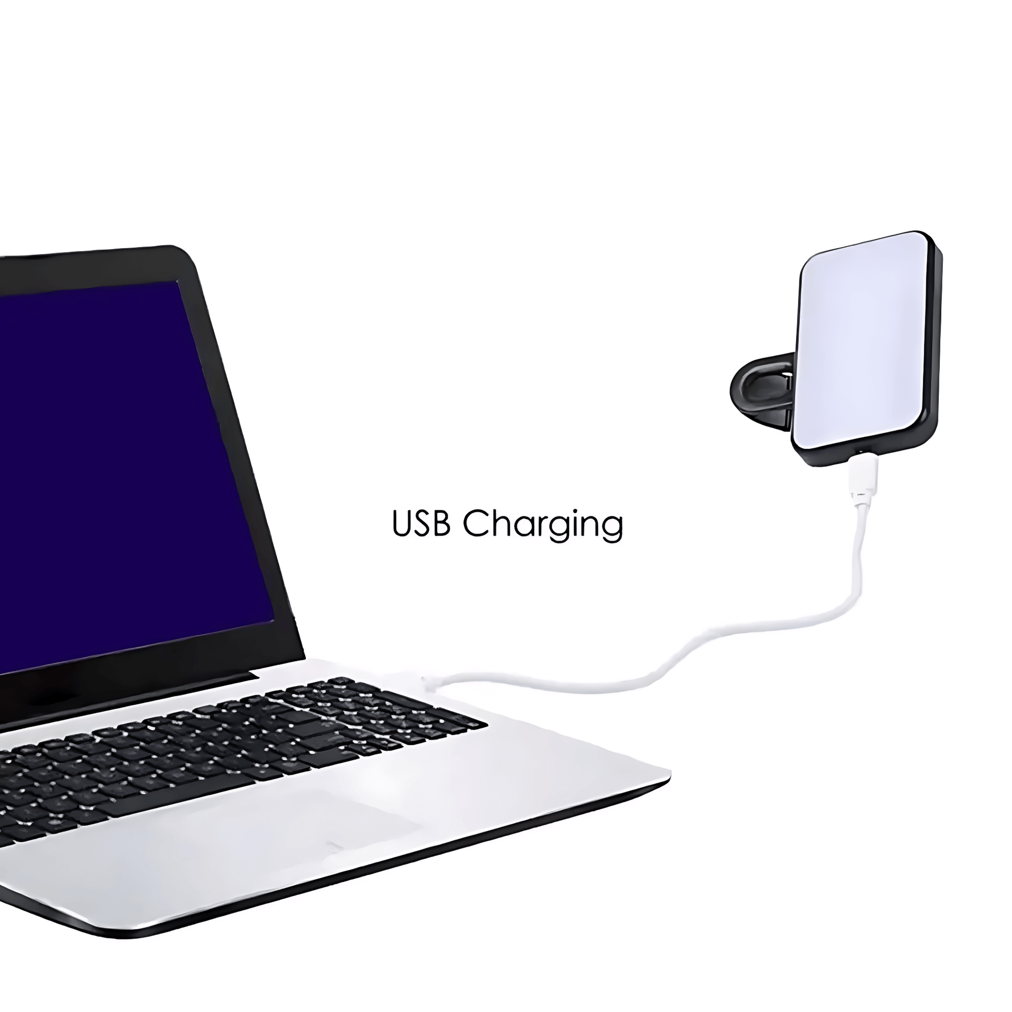 Pocket LED Selfie Light – Clip-On Phone & Laptop Fill Light connected to a laptop via USB charging.
