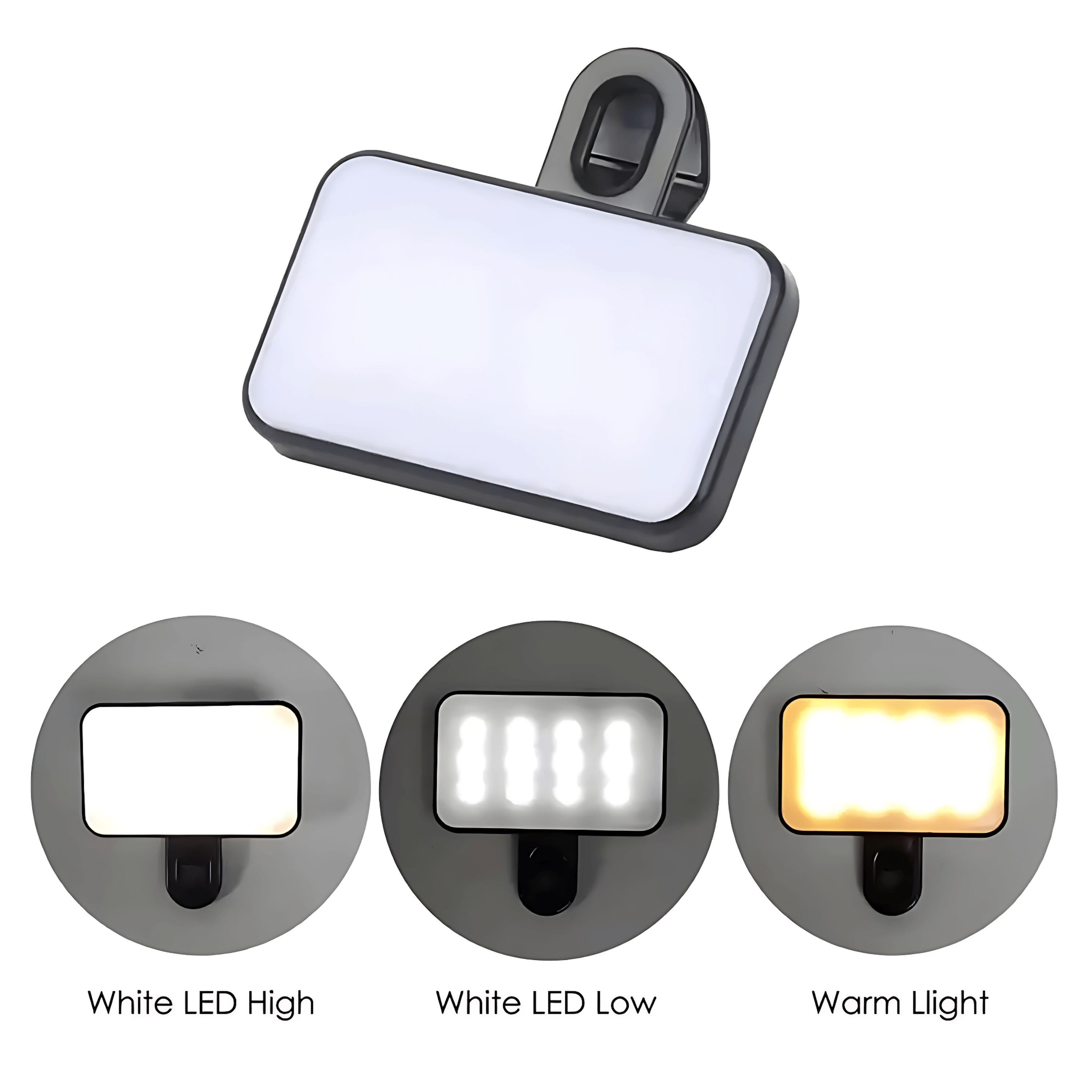 Pocket LED Selfie Light – Clip-On Phone & Laptop Fill Light featuring three brightness modes: White LED High, White LED Low, and Warm Light.