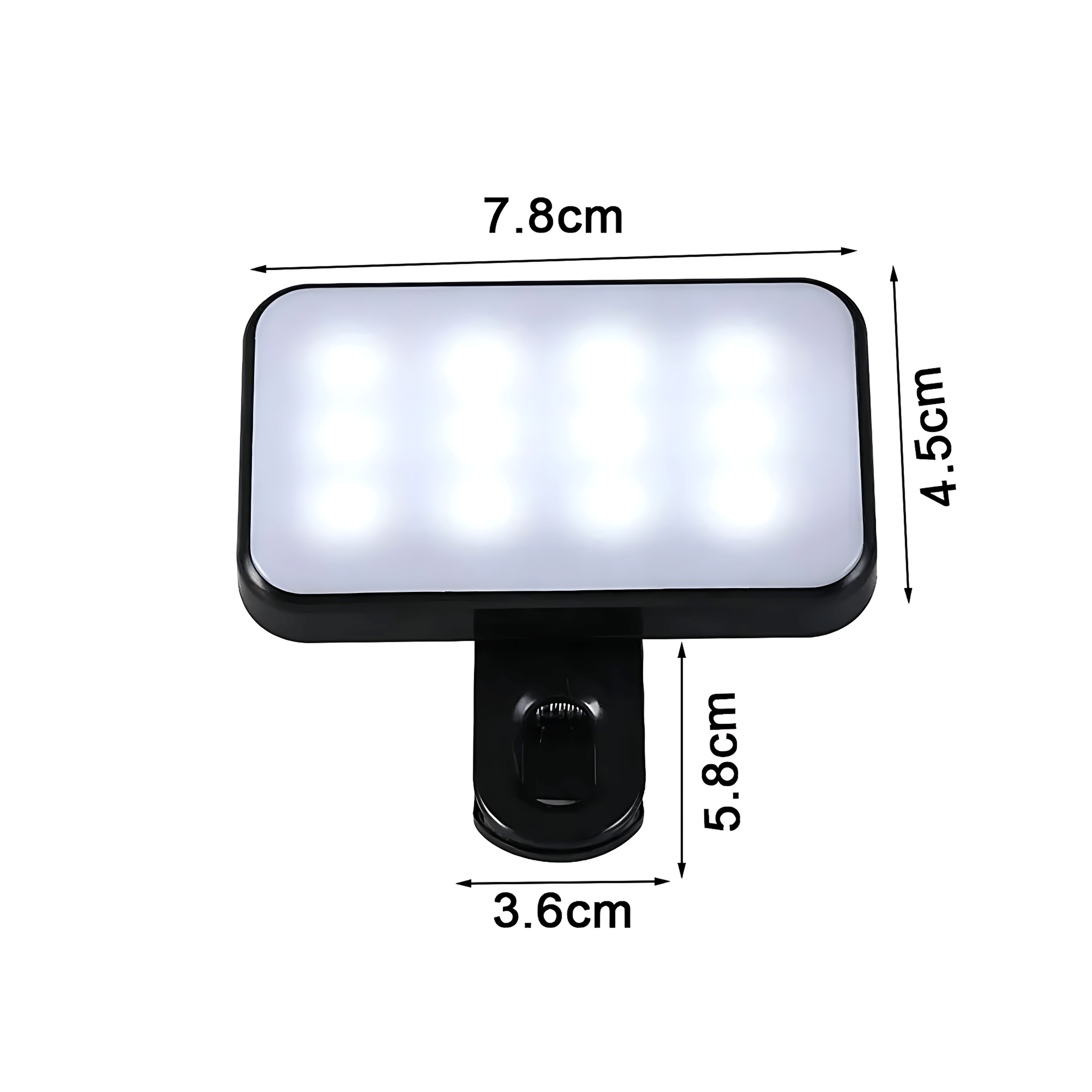 Pocket LED Selfie Light – Clip-On Phone & Laptop Fill Light dimensions 7.8cm x 5.8cm x 4.5cm for optimal lighting.