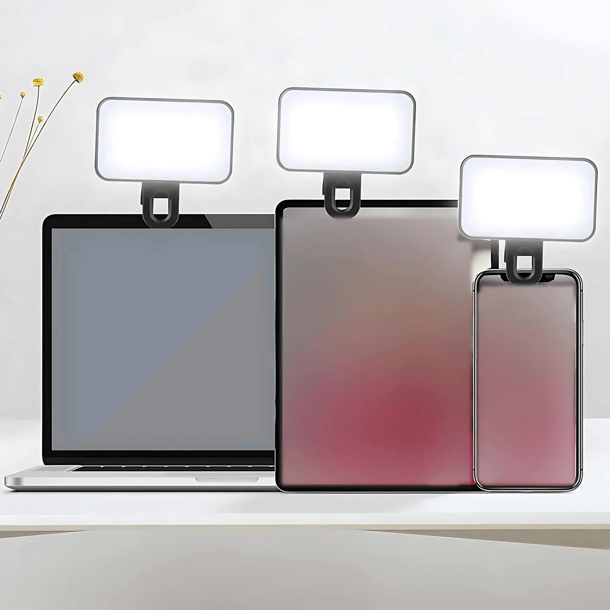 Pocket LED Selfie Light – Clip-On Phone & Laptop Fill Light on devices including a laptop, tablet, and smartphone.