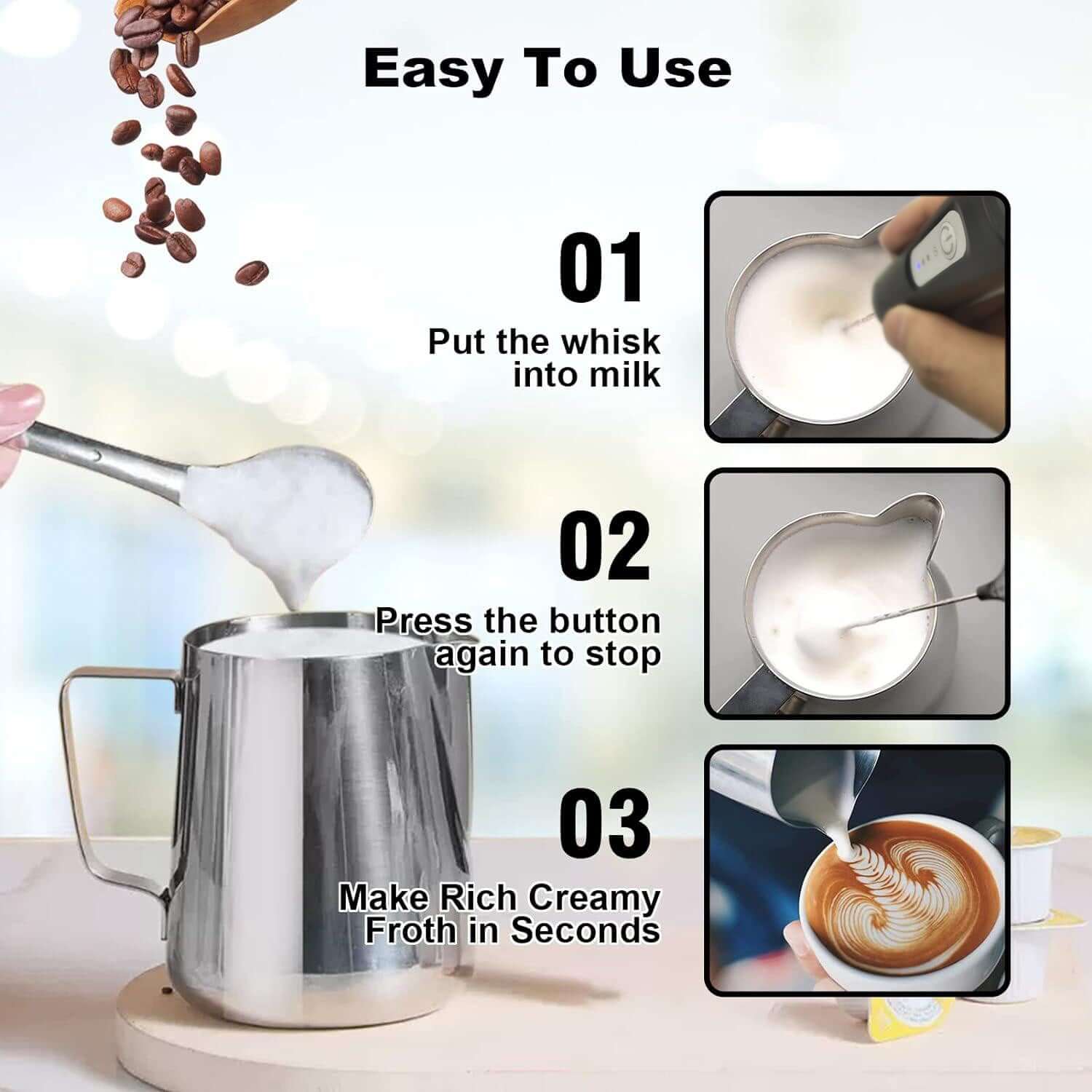 Mini USB Rechargeable Milk Frother – 3-Speed Coffee & Foam Whisk