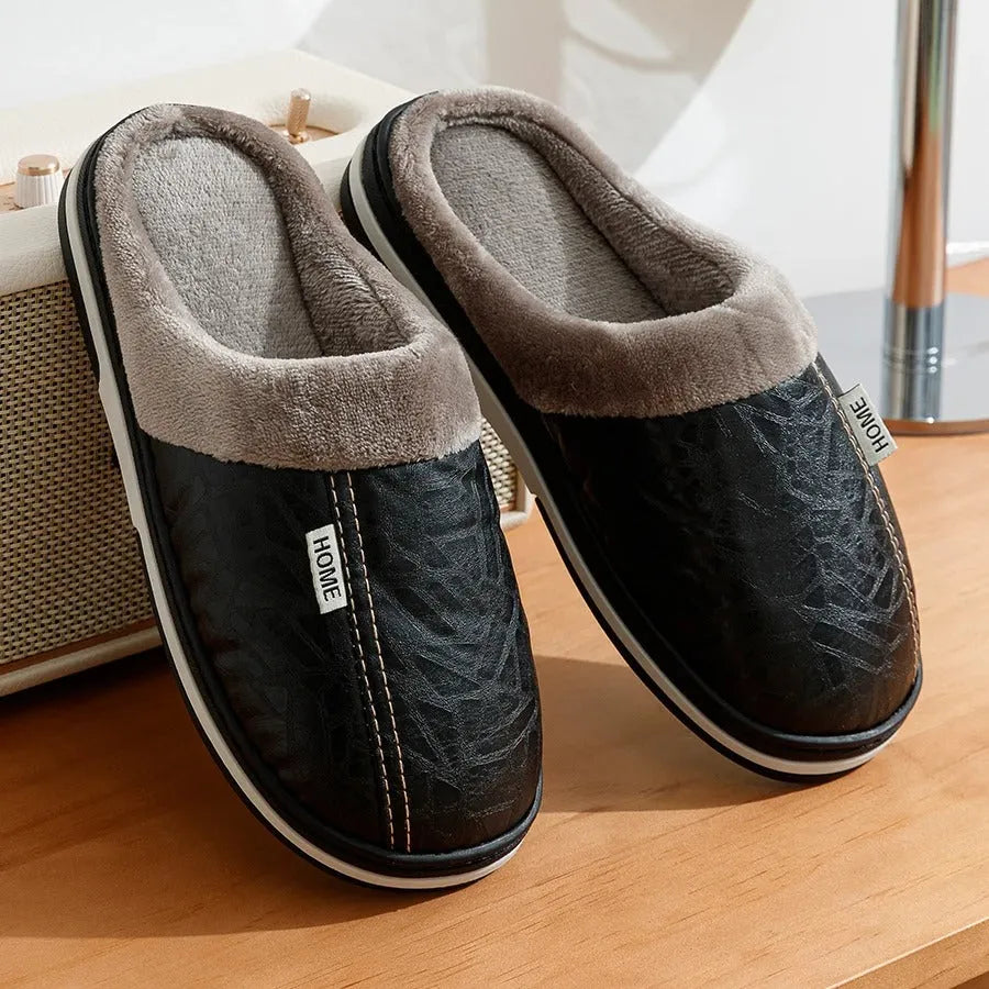 Men’s Waterproof PU Leather Winter Slippers - Poppix