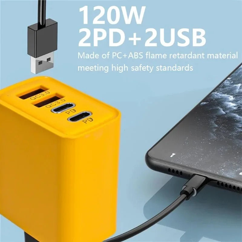 120W 4-Port Fast Wall Charger – Dual USB-C PD & QC 3.0 Adapter - Poppix