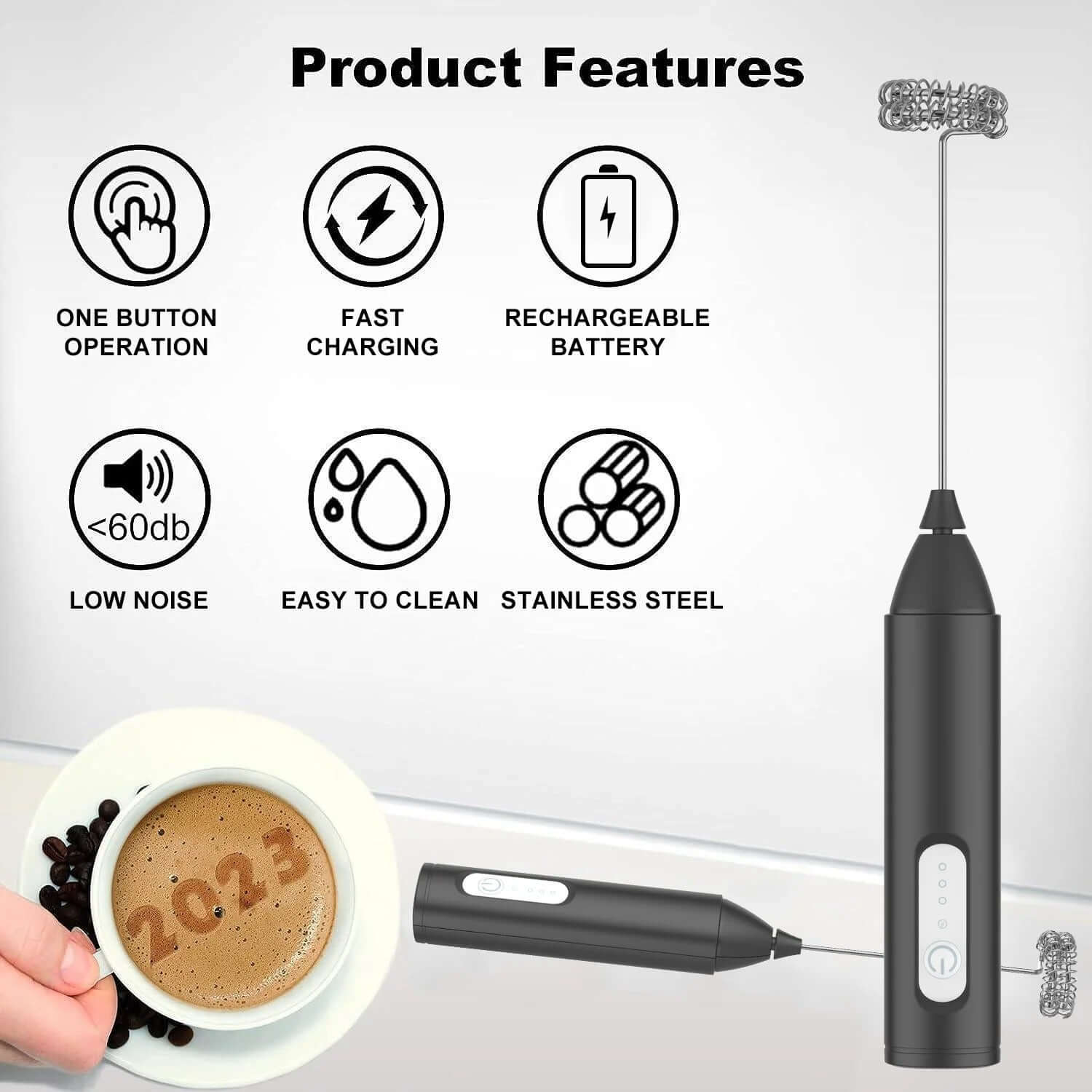 Mini USB Rechargeable Milk Frother – 3-Speed Coffee & Foam Whisk