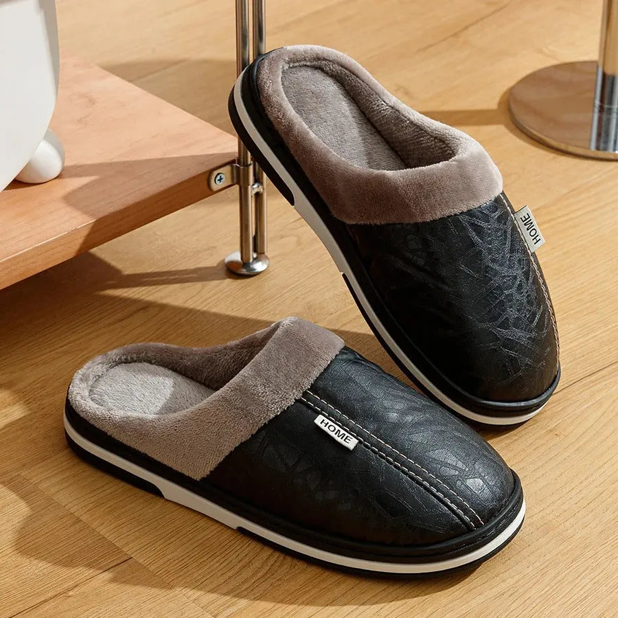Men’s Waterproof PU Leather Winter Slippers - Poppix