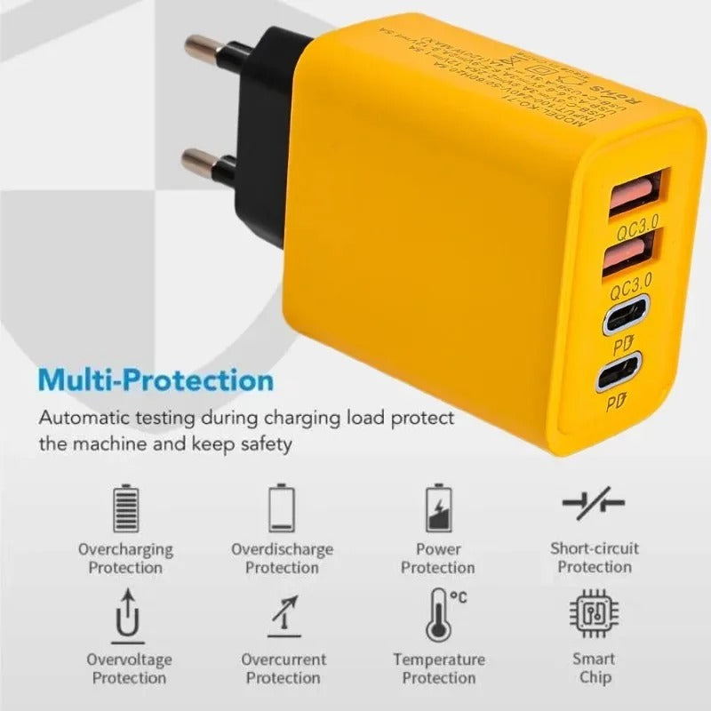 120W 4-Port Fast Wall Charger – Dual USB-C PD & QC 3.0 Adapter - Poppix