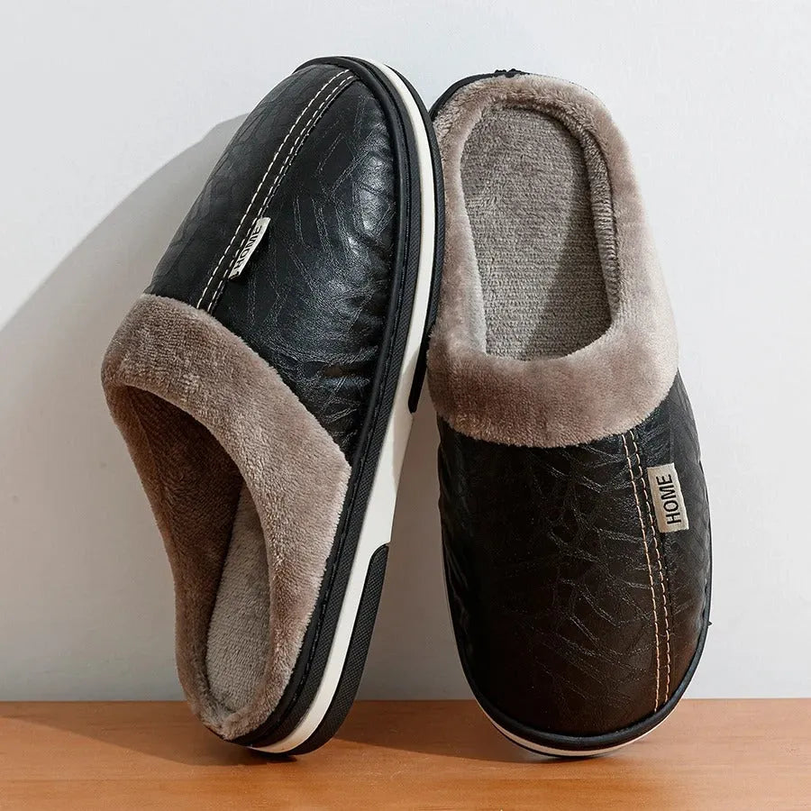 Men’s Waterproof PU Leather Winter Slippers - Poppix