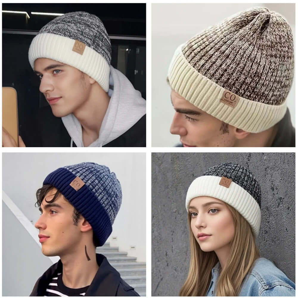 Two-Tone Fleece-Lined Winter Beanie – Unisex Warm Knitted Cap - Poppix