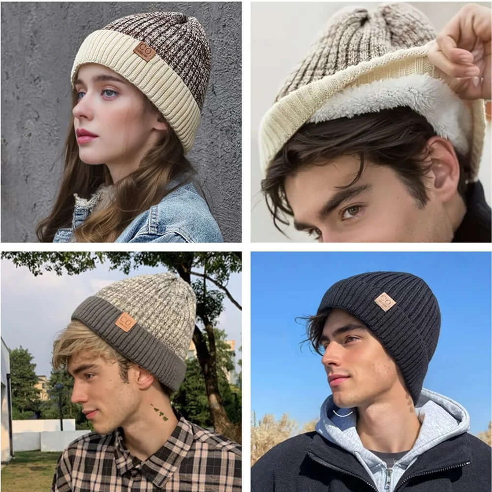 Two-Tone Fleece-Lined Winter Beanie – Unisex Warm Knitted Cap - Poppix