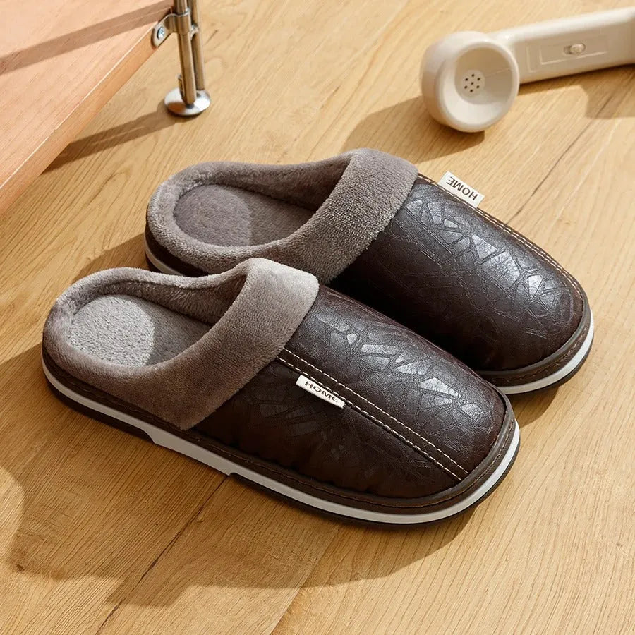 Men’s Waterproof PU Leather Winter Slippers - Poppix